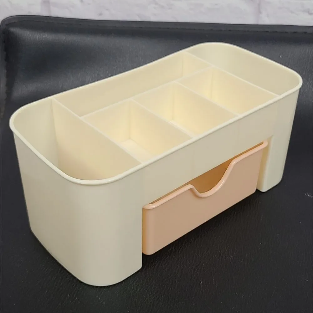 Makeup Organizer Tan Plastic Cosmetic Compartment Storage Box Pink Drawer